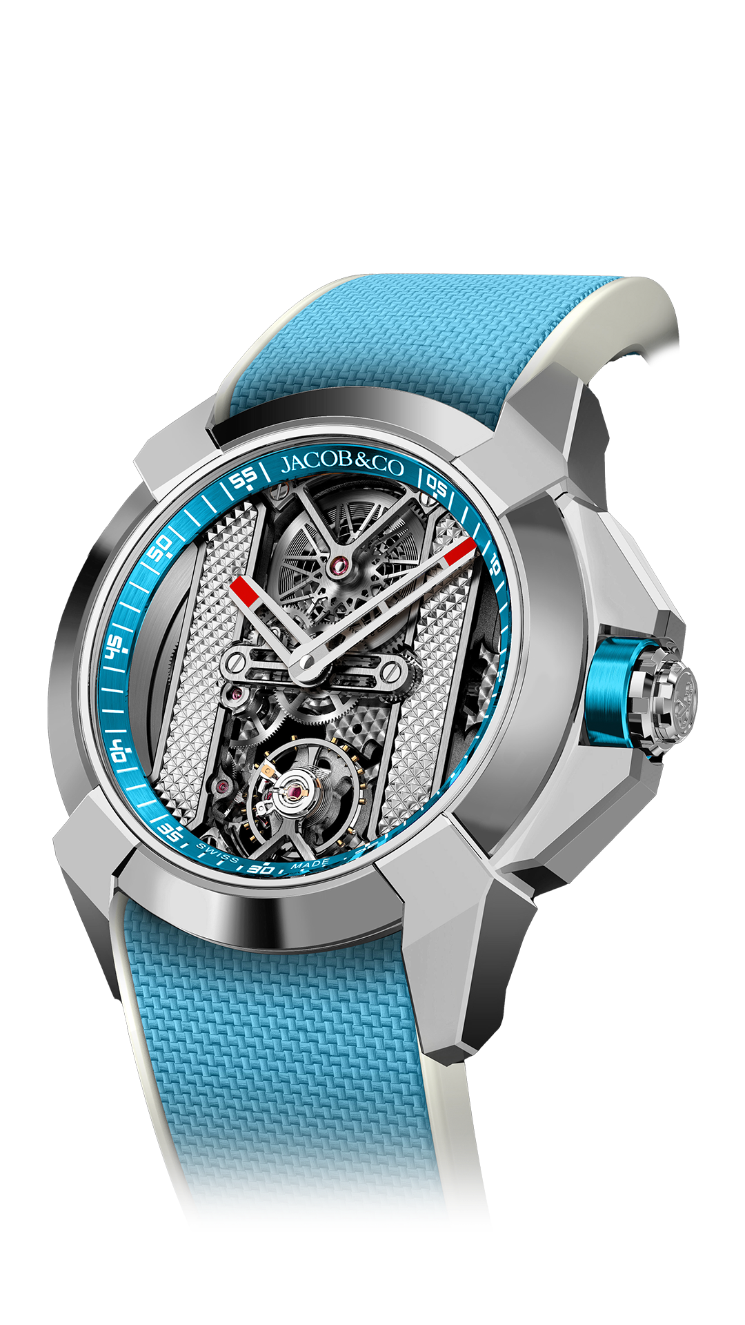 The stainless steel Epic X Bridges, with electric blue accents and stainless steel movement.
